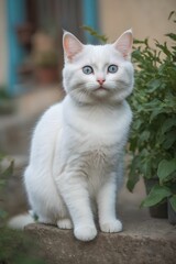 Naklejka na ściany i meble The cute smile of the white kitten. a picture of an animal with a cute expression. Generative AI