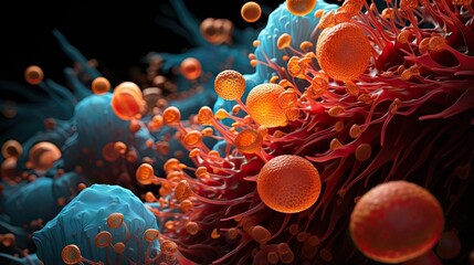 Microscopic macroscopic close view of cells attacked by virus and bacteria science and medical microbiology render illustration imagery