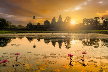 Naklejka premium Landscape with Angkor Wat temple at sunrise in Angkor Thom, Siem Reap, Cambodia