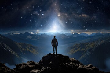 Man Standing on Mountain at Night