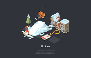 Adventures, Hiking And Winter Vacations. Man And Woman Skiing Downhill And Using Chairlift And Ski Pass. Luxury Mountains Hotel Resort With Easy Access To Ski Lift. Isometric 3d Vector Illustration