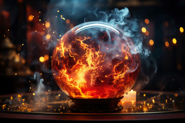 Magic crystal ball for fortune telling with flame and smoke on a dark background