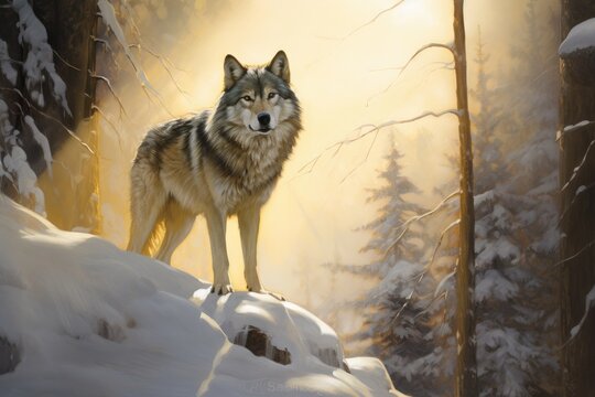 drawn wolf in the forest in winter