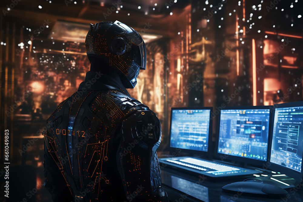 Poster a hacker in a digital suit controlling data