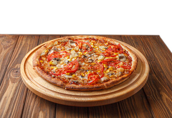 delicious pizza with chicken, mushrooms, cheese, tomatoes and corn on a wooden background