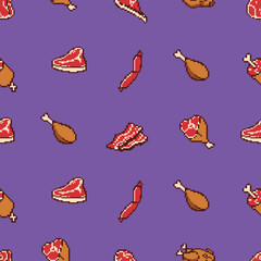 pixel art set of beef pork chicken and steak seamless pattern