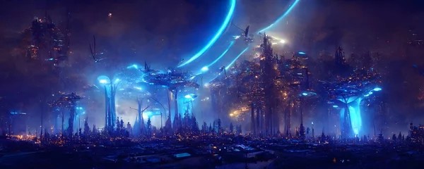 Foto op Canvas Cobalt Blue Majestic Giant Forest Futuristic city with biomechanic star gates in the skies with large landing pad with glowing blue emergency lights dramatic concept art super detailed depth of  © Timothy