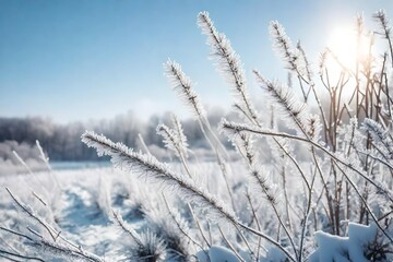 Winter atmospheric landscape with frost-covered dry plants during snowfall. Winter Christmas background 
