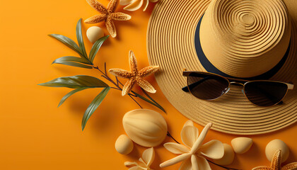 Summer Essentials: Straw Fedora and Sunglasses on a Vibrant Orange