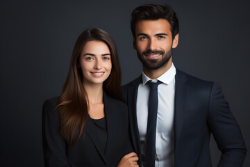 Professional man and woman stand side by side in formal wear