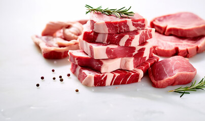 Pile of Raw beef Isolated on white background with copy space. Delicious fresh meat