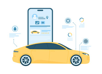 Buying and selling new or used car online via mobile phone app vector illustration. Cartoon isolated vehicle with automotive information infographic diagram, web platform to buy automobile on screen