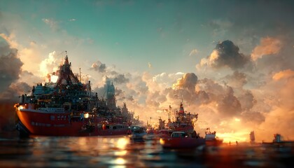 ONE PIECE THOUSAND SUNNY ship anime sail boat anime inspired by studio trigger overwatch style dramatic lighting pixiv trending 8k realistic 8k octane render HD super realistic detailed  - obrazy, fototapety, plakaty