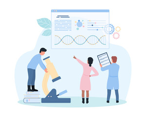 DNA research by scientists in laboratory vector illustration. Cartoon tiny people study digital infographic charts and microscope report, gene and DNA analysis in medicine and genetics, biotechnology