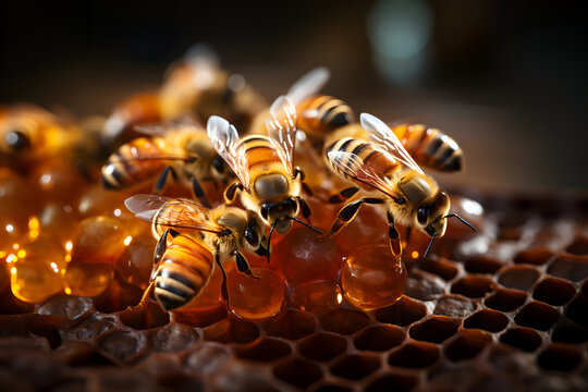Close up view of the working bees on honeycells. Beekeeping concept. ia generated
