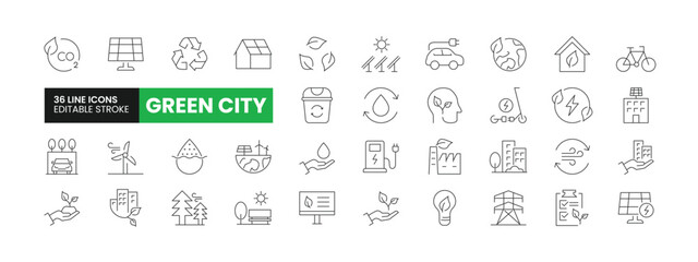 Set of 36 Green City line icons set. Green City outline icons with editable stroke collection. Includes CO2 neutral, Electric Bike, Green Energy, Windmill, Electric Car and More.