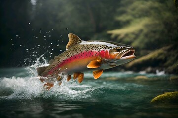 Soaring trout in the river - obrazy, fototapety, plakaty