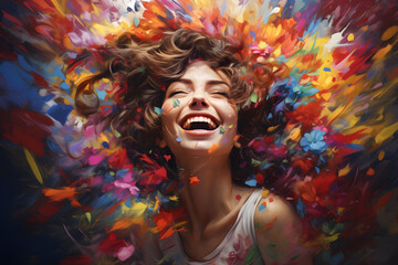 Woman laughing amidst a burst of colorful paint splatters