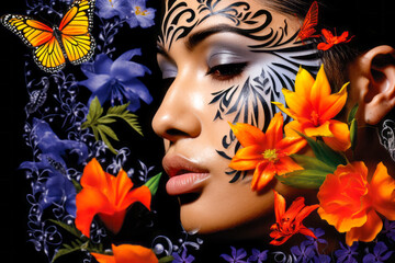 Captivating woman's face amidst vivid exotic flowers invoking tropical elegance and beauty.