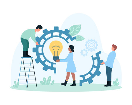 Innovation process, cooperation and construction of digital projects vector illustration. Cartoon tiny people holding light bulb and part of cogwheel to connect and put inside gear, work with cogs