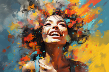 A joyful woman surrounded by vibrant colorful splashes