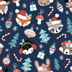 Seamless vector pattern with cute woodland animal faces and Christmas ornaments. Winter woodland with animals. Hand drawn illustration artwork. Perfect for textile, wallpaper or print design.