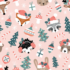 Seamless vector pattern with cute woodland animal faces and Christmas ornaments. Winter woodland with animals. Hand drawn illustration artwork. Perfect for textile, wallpaper or print design.