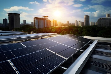 Solar panels installed on the roof of the building with cityscape and blue sky background. - obrazy, fototapety, plakaty