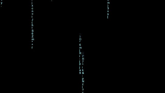 Animation of falling code random text on a black background, 4k quality video