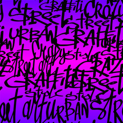 Abstract seamless chaotic pattern with urban graffiti words, scuffed and sprays. Grunge texture background. Wallpaper for girls. Fashion sport style