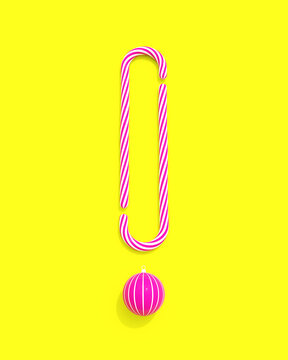 Christmas background modern Christmas ornaments flat lay white pink candy cane baubles exclamation dayglow yellow 3d illustration render digital rendering