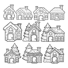 Set of winter house with a hand-drawn outline sketch illustration