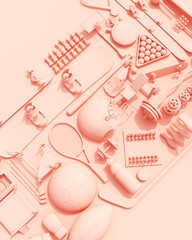 Rose pink sports equipment flat lay diagonal vibrant background wallpaper 3d illustration render digital rendering