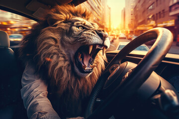 Lion as angry and aggressive driver of car in city at sunset. Road rage concept. Portrait close-up. - 661053237