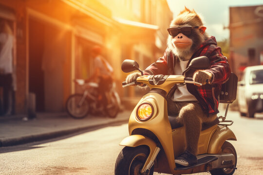 Monkey as a man riding a motor scooter on city road at sunset.