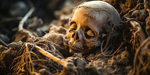 Haunting view of countless human skeletons gathered in a mass grave, symbolizing sorrow and fear.
