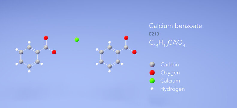 calcium benzoate molecule, molecular structures, preservative e213, 3d model, Structural Chemical Formula and Atoms with Color Coding