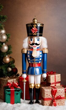 Photo Of Christmas Nutcracker Holding A Lantern Beside A Pile Of Wrapped Presents