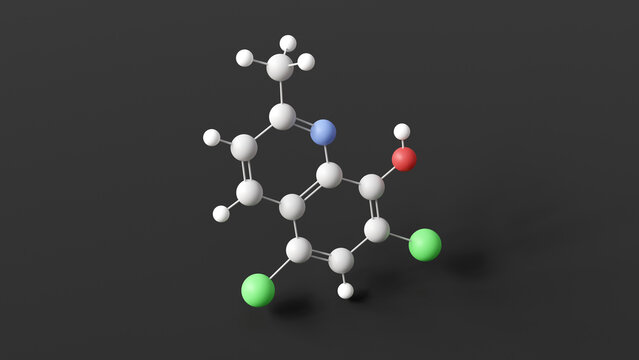 chlorquinaldol molecule, molecular structure, antimicrobial, ball and stick 3d model, structural chemical formula with colored atoms