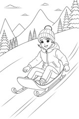 Fototapeta na wymiar Coloring page a sledding adventure down a snowy hill of a child