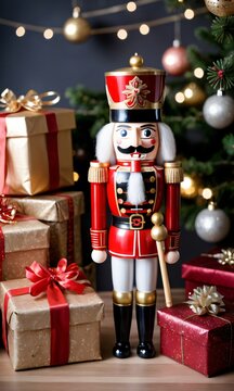 Photo Of Christmas Nutcracker Holding A Lantern Beside A Pile Of Wrapped Presents