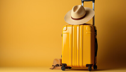 Ready for Adventure: Luggage and Cowboy Hat Set Against a Vibrant Yellow