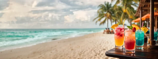 Foto op Plexiglas Cocktails at a beach bar at tropical resort. Summer vacation background, website header, banner for travel, tourism, holidays, beach bar, resort, party. Generative AI. ©  DigitalMerchant