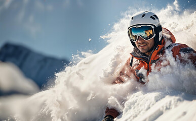 Man skiing or snowboarding covered in snow, young man on a ski slope on sunny day, with goggles and...