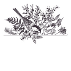 Christmas traditional card with birds and winter plants. Black. Fern, spruce, mistletoe and titmouse. Hand drawn botanical illustration. Outline, no fill. - 661054462