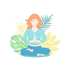 Obraz na płótnie Canvas Illustration of woman who does yoga with tropical leaves on white background. Vector illustration in faceless technic. Card, banner, paper background.