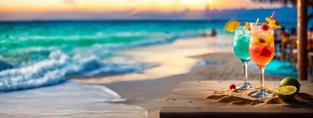 Cocktails at a beach bar at tropical resort. Summer vacation background, website header, banner for travel, tourism, holidays, beach bar, resort, party. Generative AI.