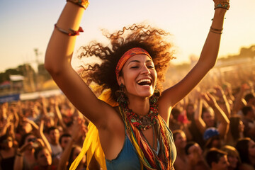 At a lively world music festival, a woman joyfully raises her arms, her armpit hair a part of her celebration of global cultures and the power of music to bring people together. 