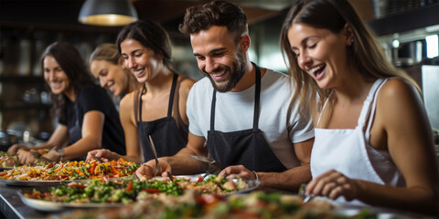 group of young people during cooking classes . - obrazy, fototapety, plakaty