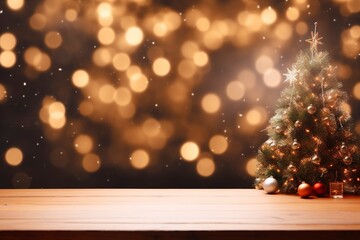 Empty christmas table background with christmas tree out of focus for product display montage, generative ai